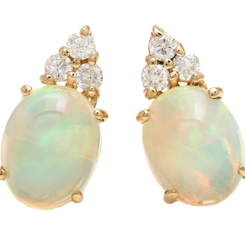 2.80 Carats Natural Opal and Diamond 14K Solid Yellow Gold Stud Earrings